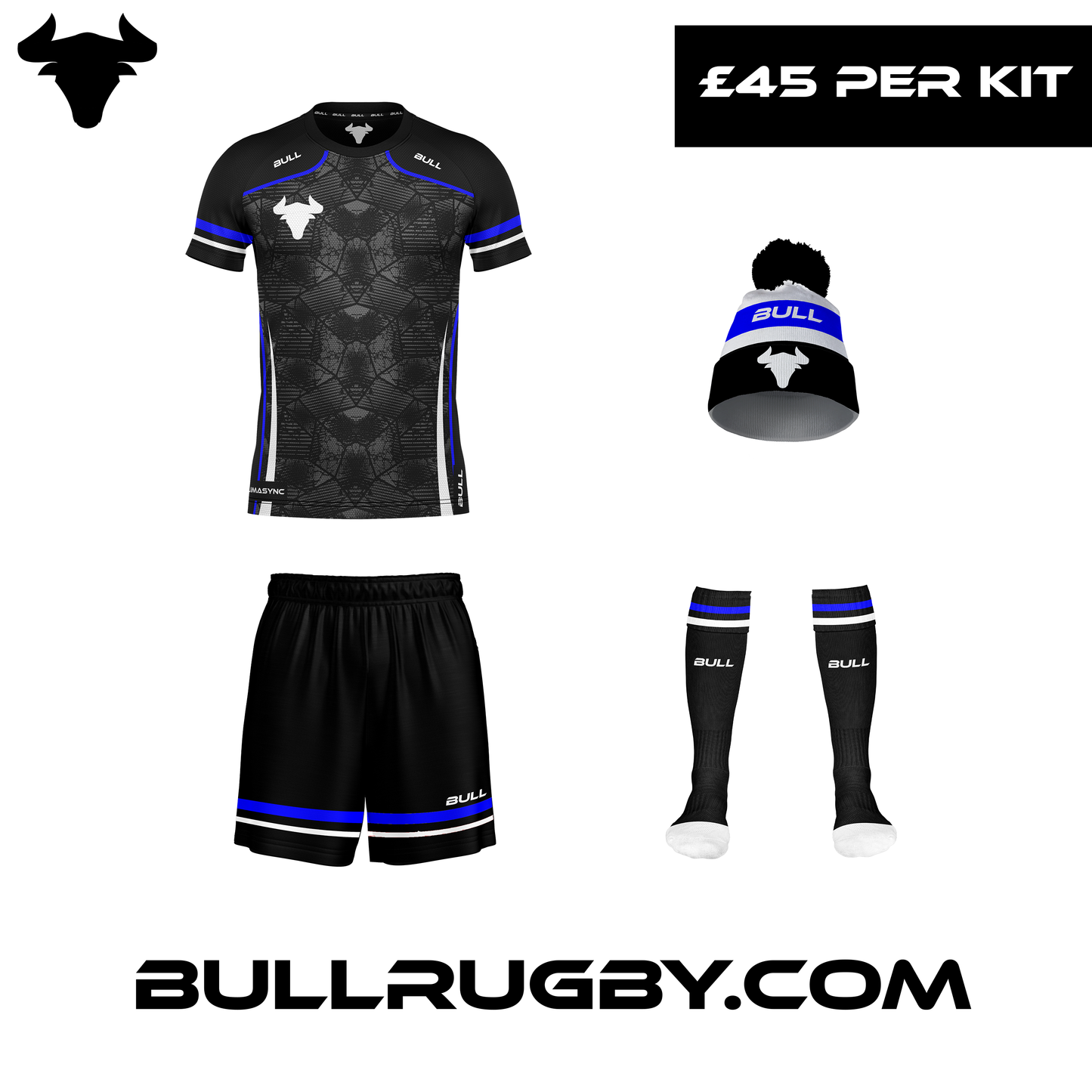 Customised Rugby Kits Scrum and Done Blue and white